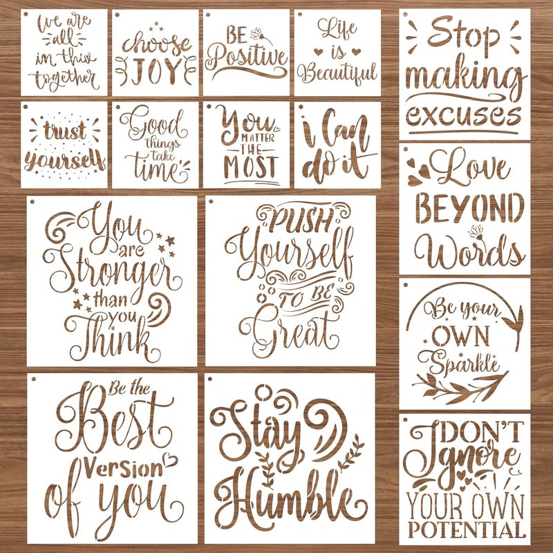 AFRITEE 16 Pack Inspirational Quote Stencil for Painting, Inspirational Words Stencils for Crafts Reusable, Large Drawing Stencils for Canvas Wood Wall Spray Fabric Paint Furniture Decoration 7.87x7.87 Inch - Image 1